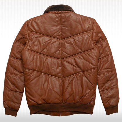 Men's Genuine Lambskin Leather Puffer Jacket with Fox Fur Collar