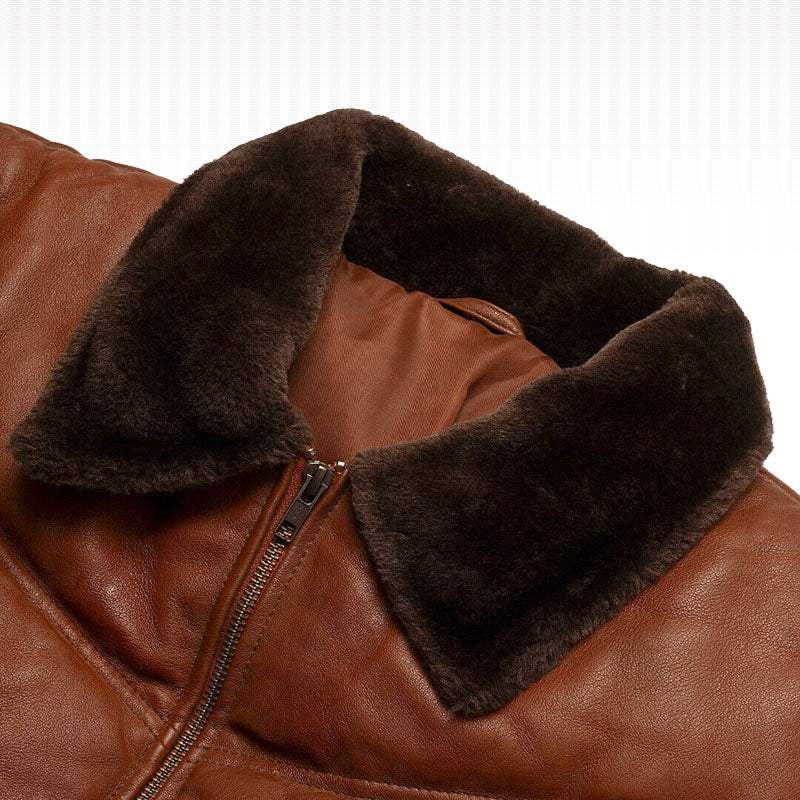 Men's Genuine Lambskin Leather Puffer Jacket with Fox Fur Collar