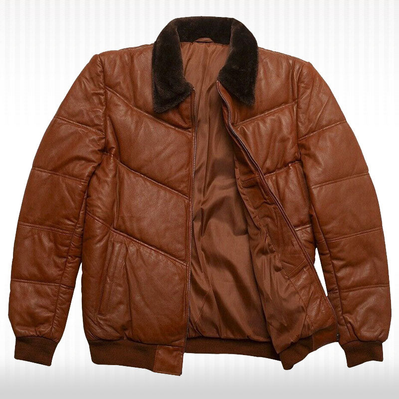 Men's Genuine Lambskin Leather Puffer Jacket with Fox Fur Collar