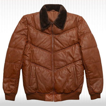 Men's Genuine Lambskin Leather Puffer Jacket with Fox Fur Collar