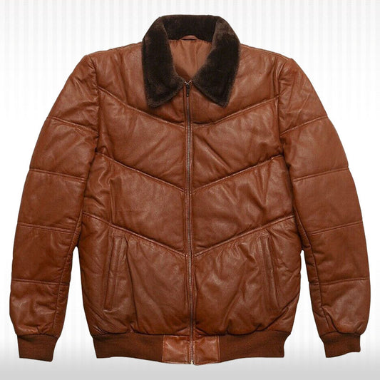 Men's Genuine Lambskin Leather Puffer Jacket with Fox Fur Collar