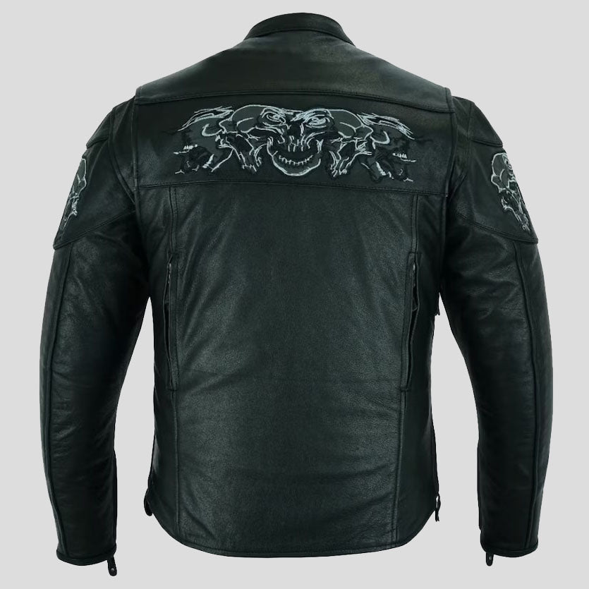 Men's Leather Concealed Carry Motorcycle Racing Jacket with Reflective Skulls