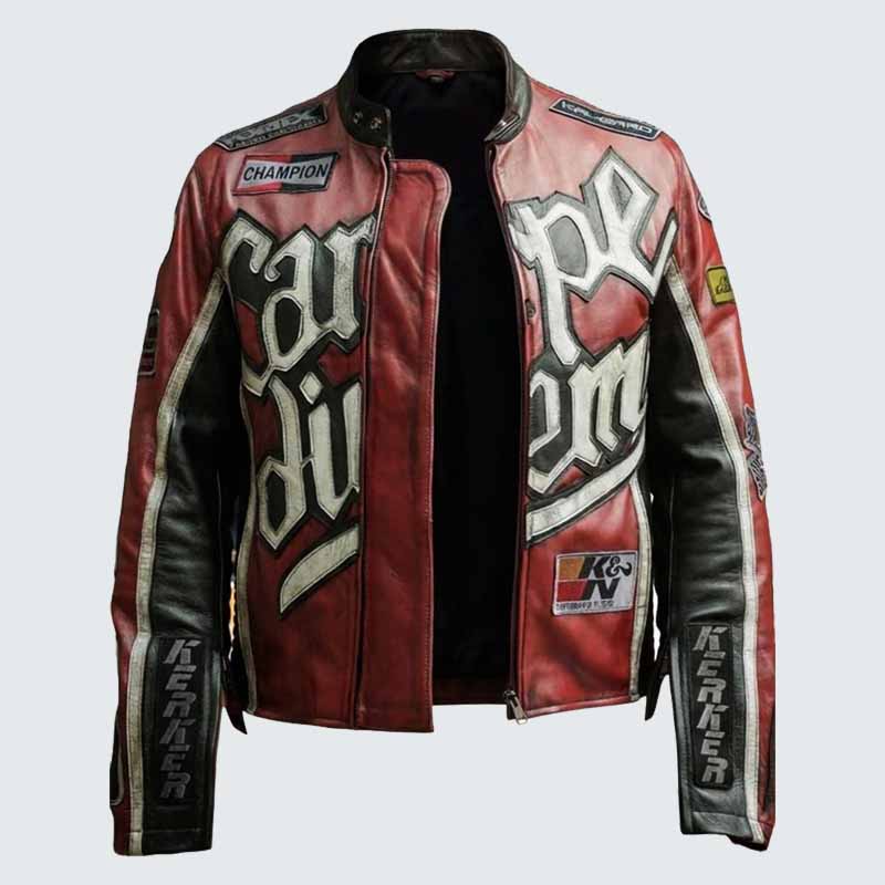 Men's Genuine Leather Motorcycle Jacket in Black with Embroidery Patches
