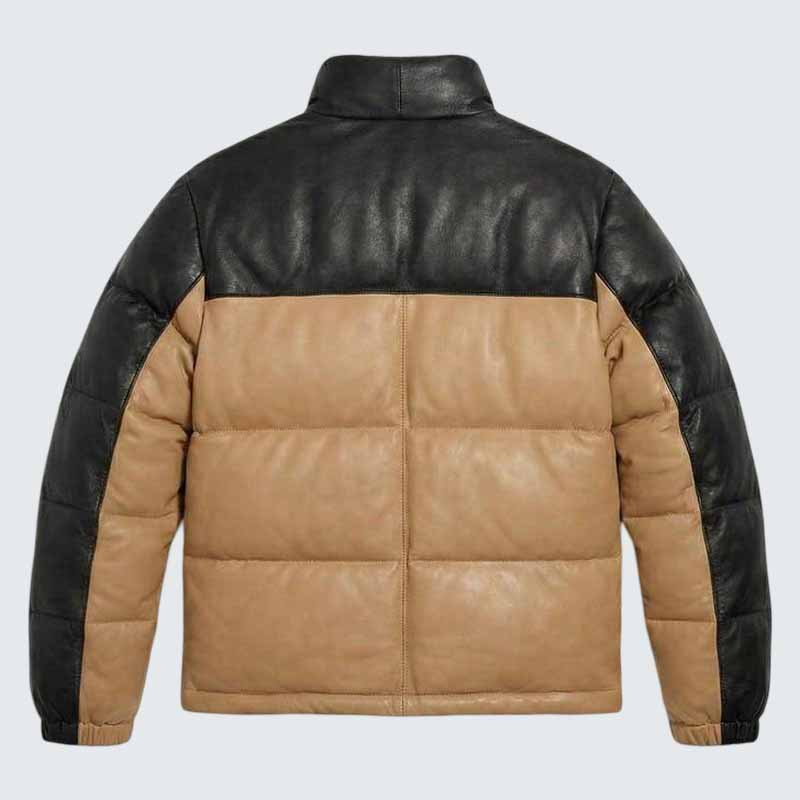 Men's Black and Camel Leather Puffer Jacket with Quilted Insulation