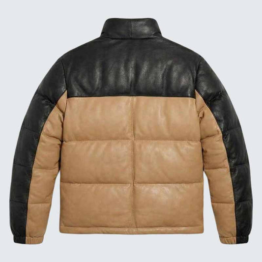 Men's Black and Camel Leather Puffer Jacket with Quilted Insulation