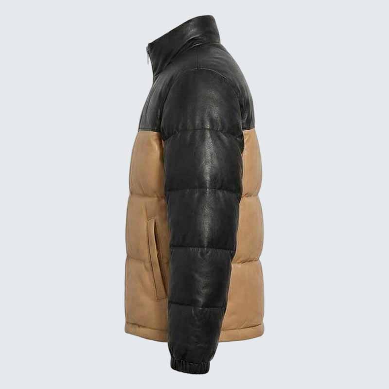 Men's Black and Camel Leather Puffer Jacket with Quilted Insulation