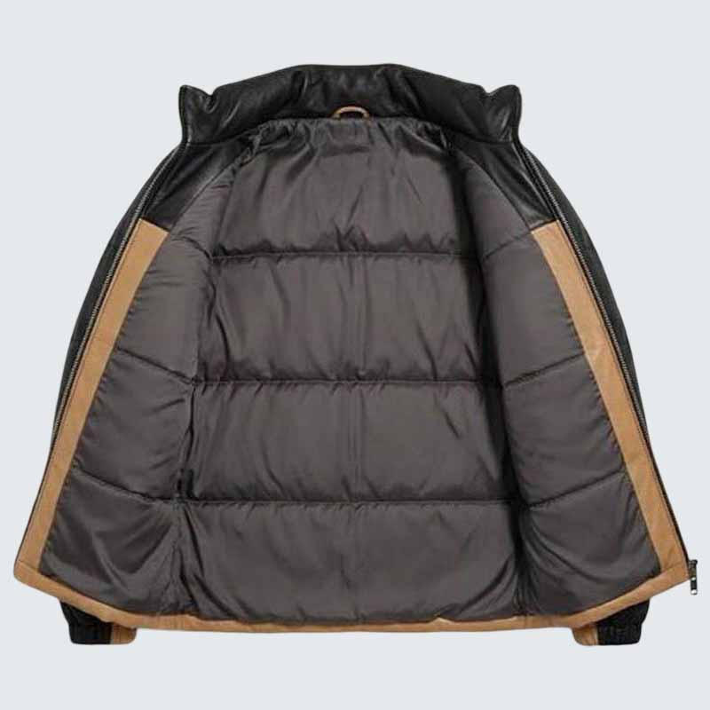 Men's Black and Camel Leather Puffer Jacket with Quilted Insulation