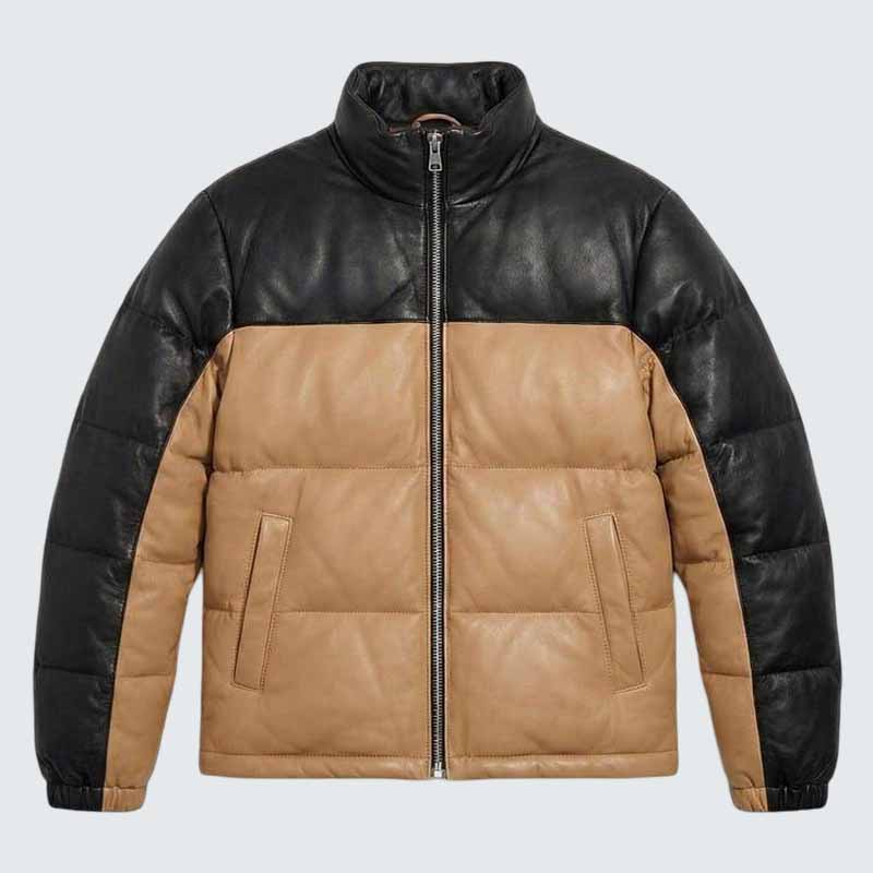 Men's Black and Camel Leather Puffer Jacket with Quilted Insulation