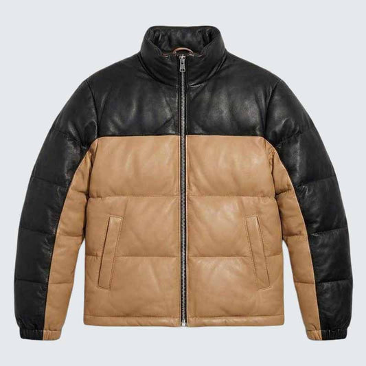 Men's Black and Camel Leather Puffer Jacket with Quilted Insulation