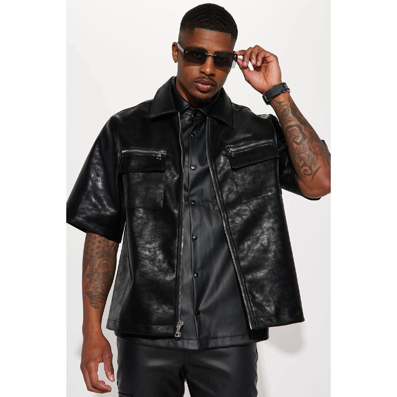 Men's Black Leather Zip Up Short Sleeve Shirt