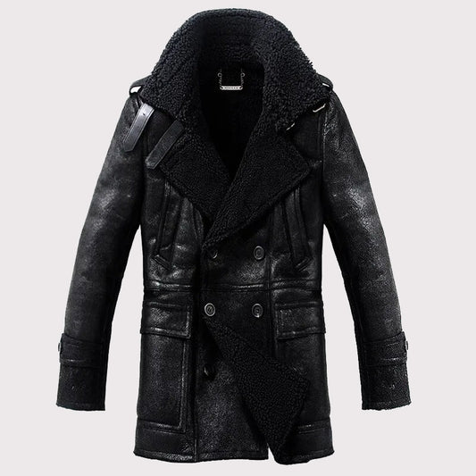 Men's Long Black Sheepskin Fur Coat