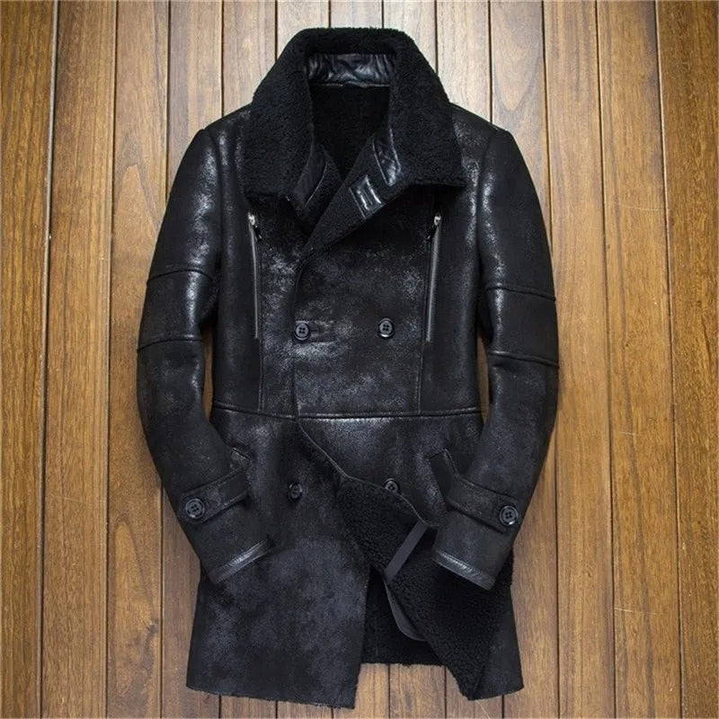 Men's Long Military Style Sheepskin Leather Jacket