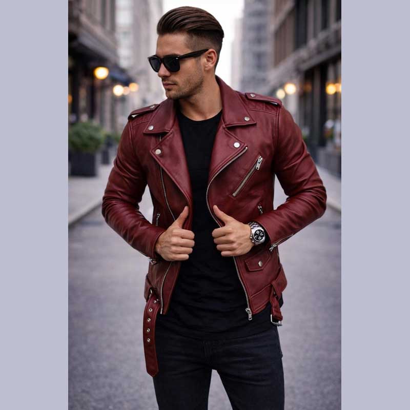 Men’s Maroon Lambskin Leather Biker Jacket by Jackets Kingdom