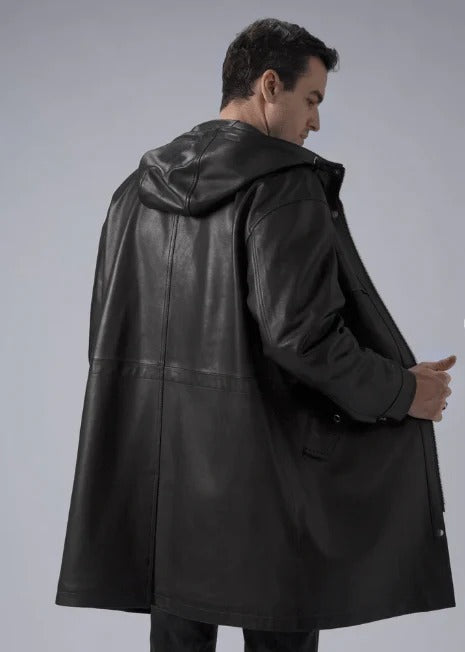 Men's Mid-Length Black Leather Coat with Hood