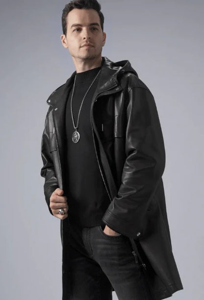 Men's Mid-Length Black Leather Coat with Hood