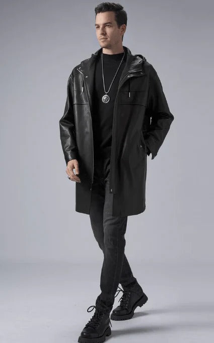 Men's Mid-Length Black Leather Coat with Hood