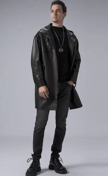 Men's Mid-Length Black Leather Coat with Hood