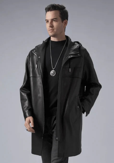 Men's Mid-Length Black Leather Coat