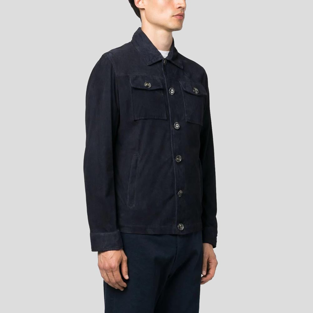 Men's Navy Blue Buttoned Suede Leather Shirt Jacket