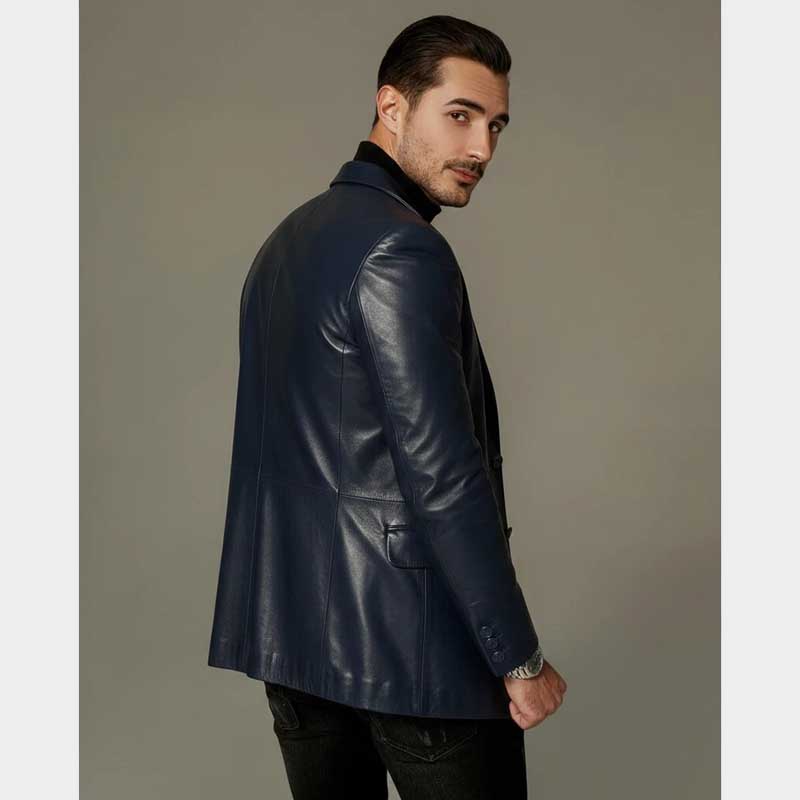 Slim fit leather blazer for men in solid navy blue perfect for weddings and business