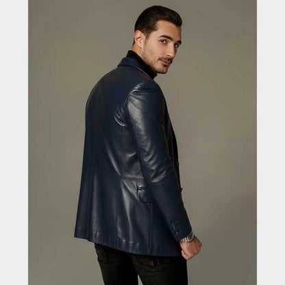 Slim fit leather blazer for men in solid navy blue perfect for weddings and business