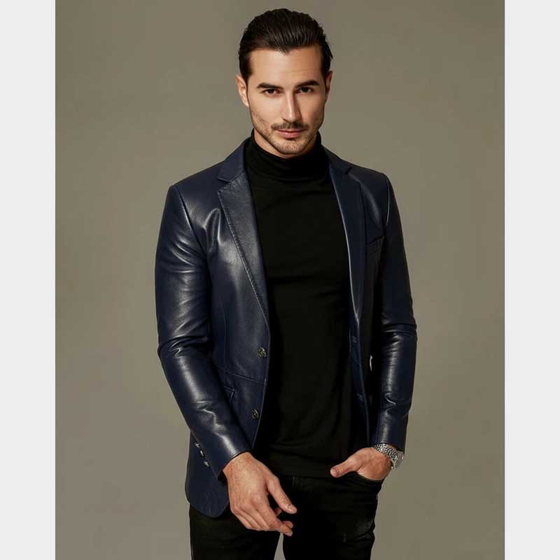 Handmade genuine lambskin blazer in navy blue featuring luxurious satin lining