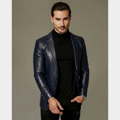 Handmade genuine lambskin blazer in navy blue featuring luxurious satin lining
