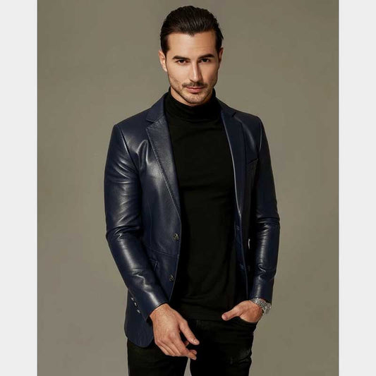 Handmade genuine lambskin blazer in navy blue featuring luxurious satin lining
