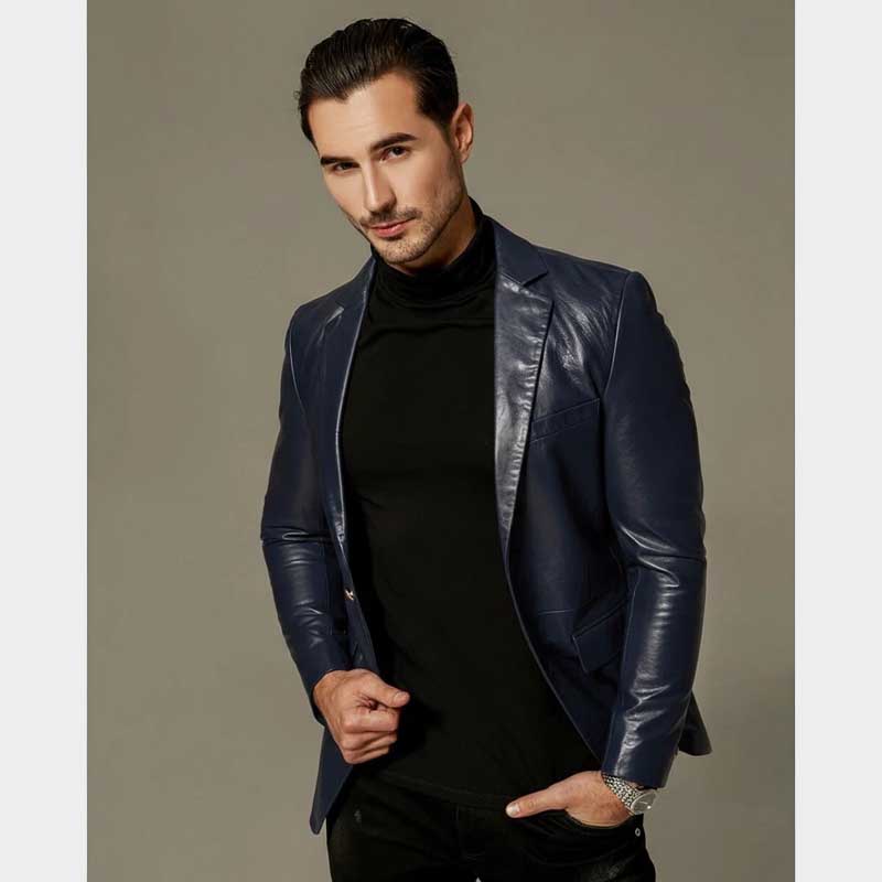 Men's navy blue lambskin leather blazer with two-button closure and slim fit design