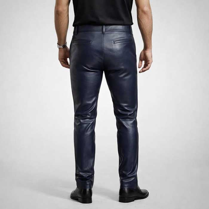Mens Navy Blue Sheepskin Leather Pants Slim Fit