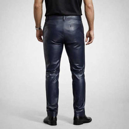 Mens Navy Blue Sheepskin Leather Pants Slim Fit