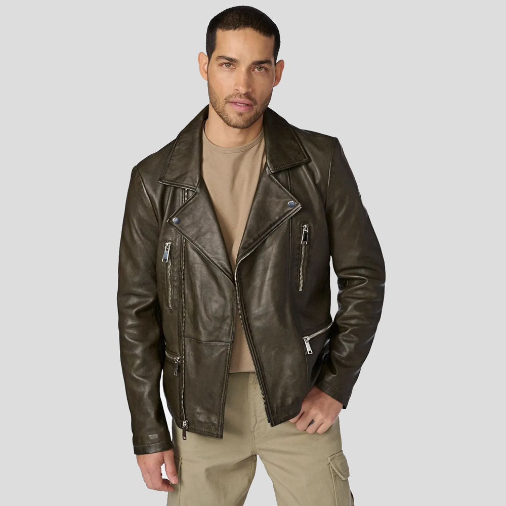 Men's Olive Leather Moto Jacket
