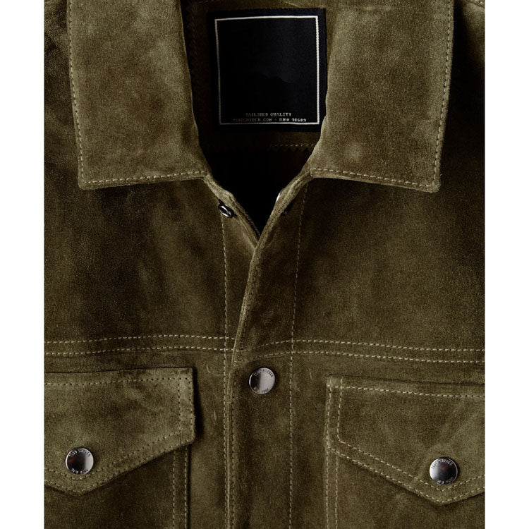 Men's Olive Suede Leather Snap Shirt Jacket