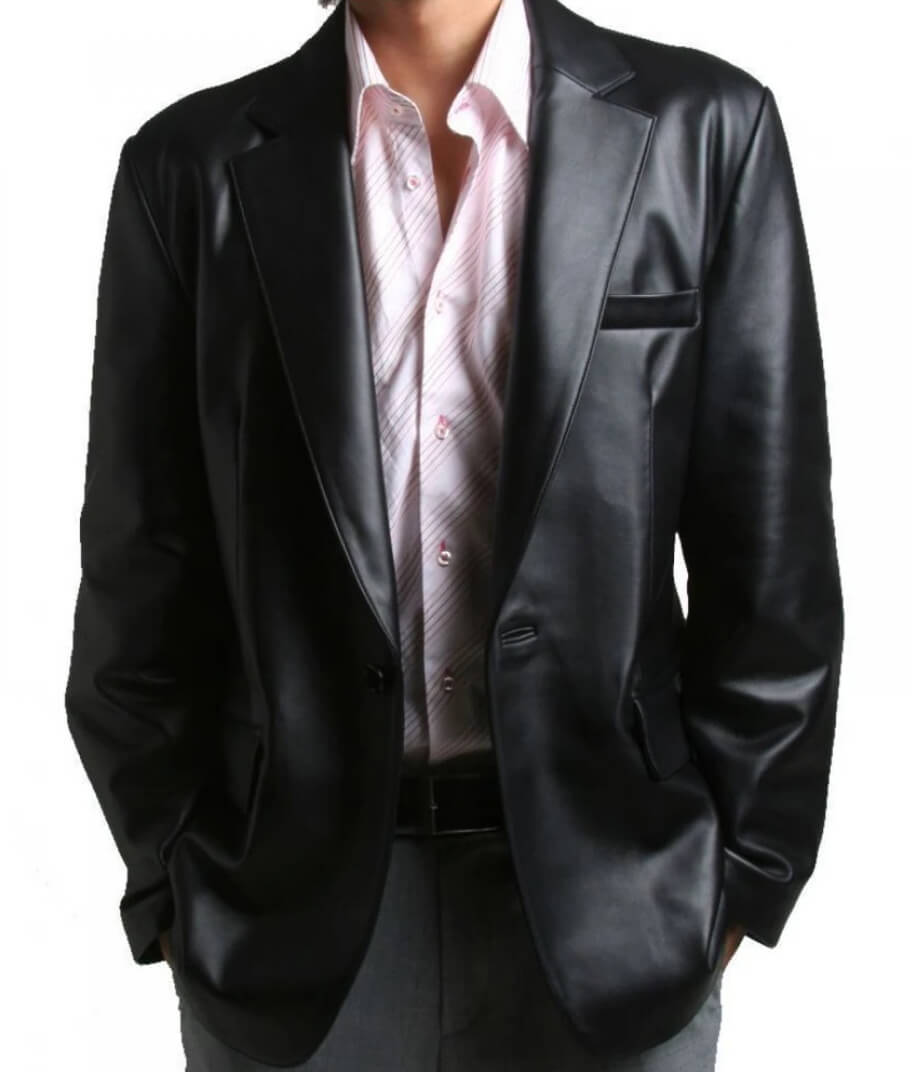 Men's One-Button Closure Soft Lambskin Black Leather Blazer