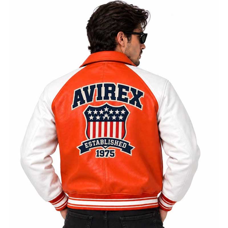 Orange leather varsity jacket with a vintage letterman silhouette