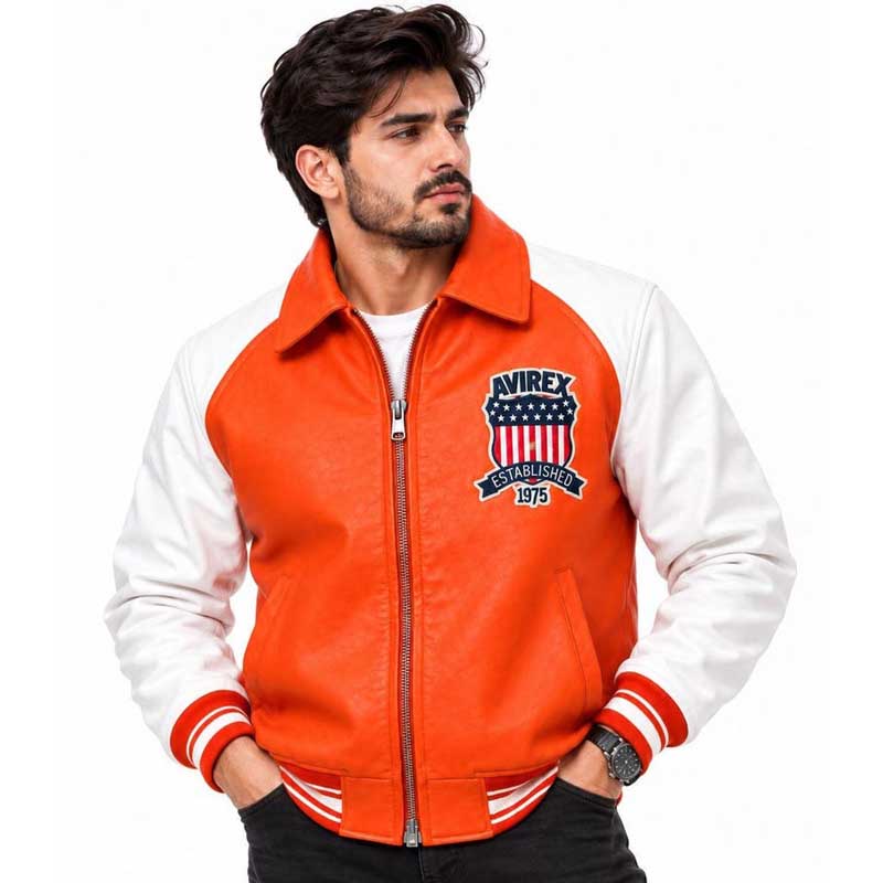 Men's orange Avirex varsity jacket with contrasting white sleeves