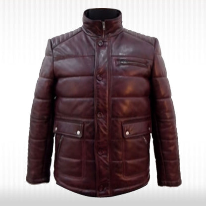 Men's Oxblood Real Leather Puffer Jacket - Casual Sport Fully Quilted Style