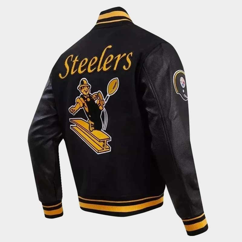 Men's Pittsburgh Steelers Letterman Black Wool and Leather Bomber Varsity Jacket