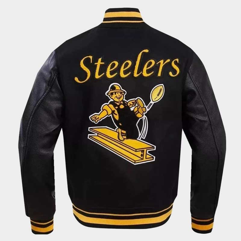 Men's Pittsburgh Steelers Letterman Black Wool and Leather Bomber Varsity Jacket