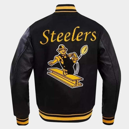 Men's Pittsburgh Steelers Letterman Black Wool and Leather Bomber Varsity Jacket