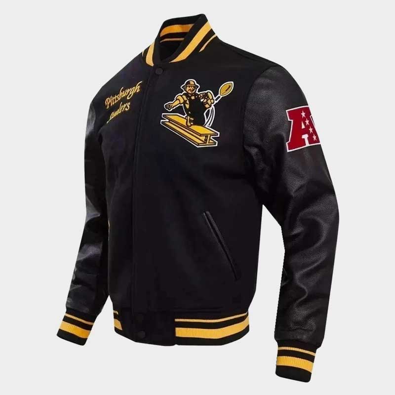 Men's Pittsburgh Steelers Letterman Black Wool and Leather Bomber Varsity Jacket