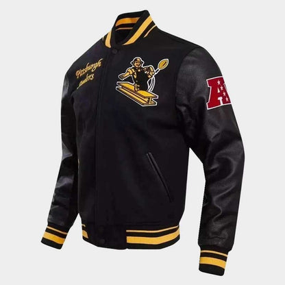 Men's Pittsburgh Steelers Letterman Black Wool and Leather Bomber Varsity Jacket