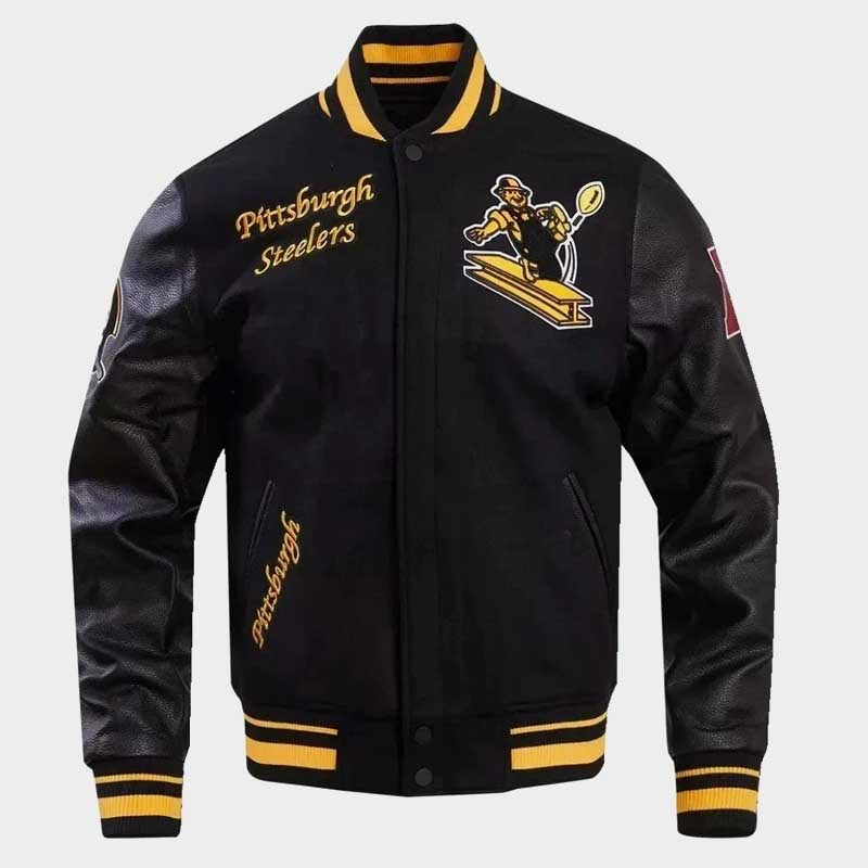 Men's Pittsburgh Steelers Letterman Black Wool and Leather Bomber Varsity Jacket