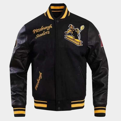 Men's Pittsburgh Steelers Letterman Black Wool and Leather Bomber Varsity Jacket