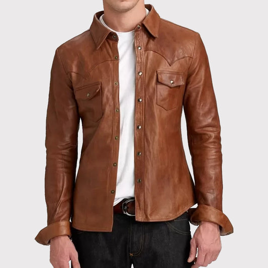 Stylish Men's Brown Sheepskin Leather Shirt