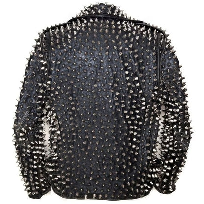 Men's Punk Metal Button Spiked Studded Leather Jacket