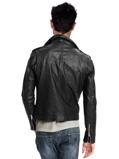 Men's Pure Black Leather Motorcycle Biker Jacket