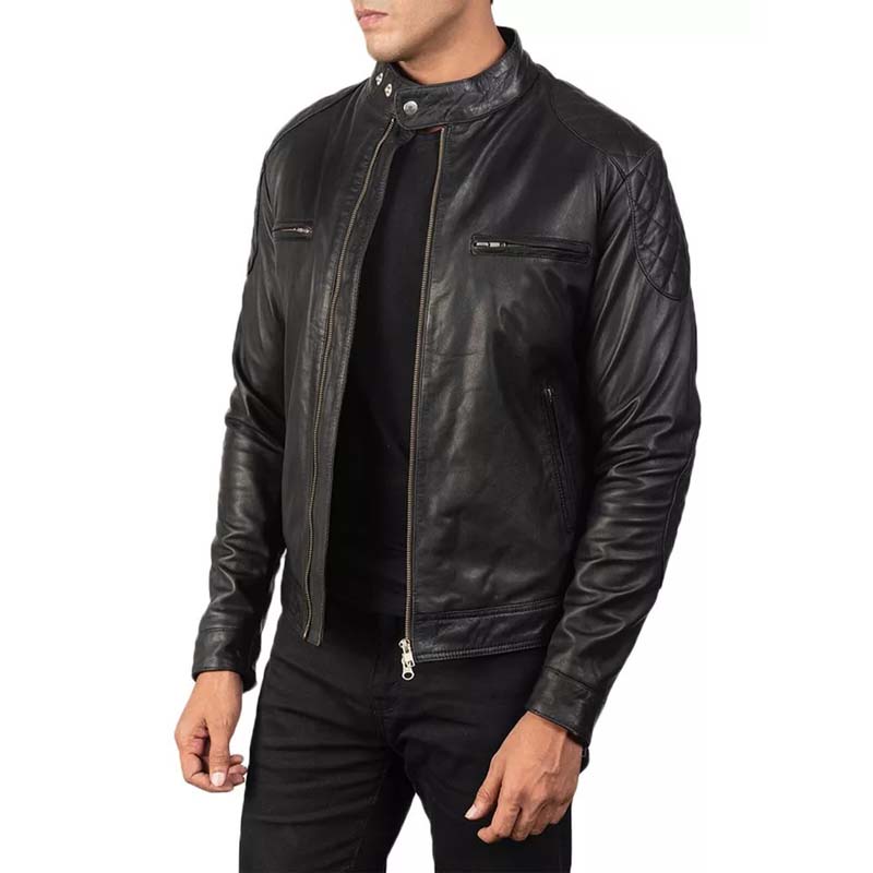 Men's Quilted Black Leather Cafe Racer Jacket