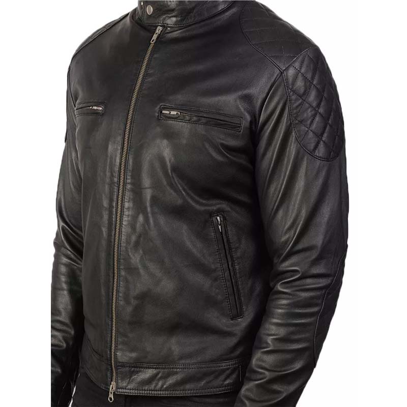 Men's Quilted Black Leather Cafe Racer Jacket