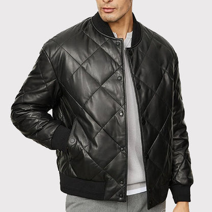 Men's Quilted Lambskin Leather Jacket with Down-Filled